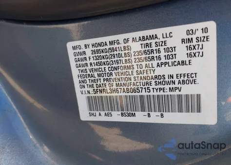 2010 Honda Odyssey Ex-L from USA, damaged, VIN 5FNRL3H67AB065715